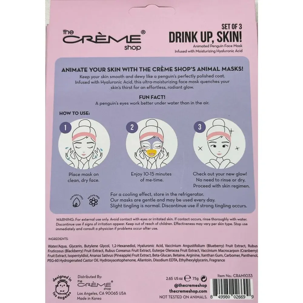 The Crème Shop Drink Up Skin Penguin Sheet Masks Set of 3 Hyaluronic Acid